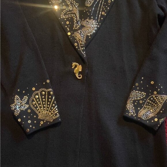 Vintage St. John knit Undersea Fantasia black pant suit blazer sequin 8 and pant - Picture 3 of 13